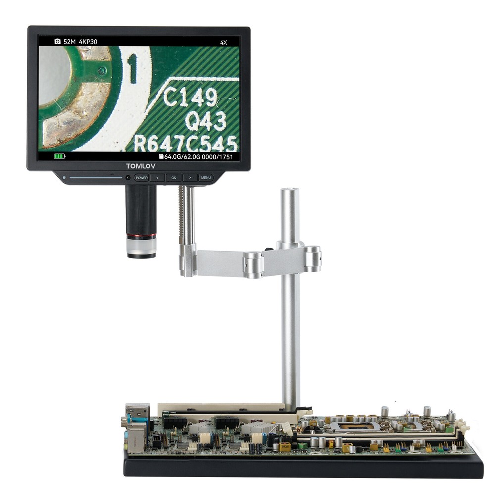 TOMLOV 4K LCD Digital Microscope 2000X Coin Microscope 10.1'' HDMI 52MP Spin Arm