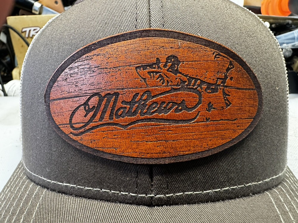 Made in USA Leather Patch Trucker Hat Mathews Archery Oval