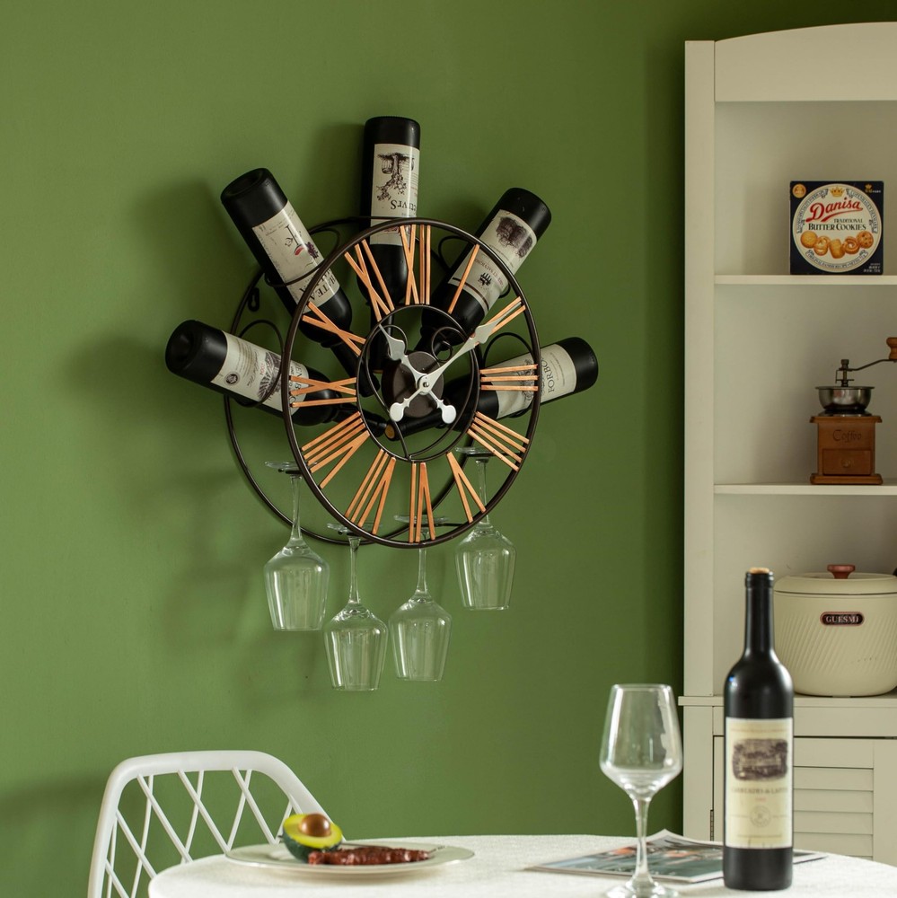Wall-Mounted Clock Design Wine Holder with Stemware Rack - Unique Shelf for C...