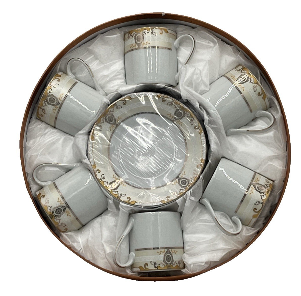 Turkish Coffee Cups 12pc Set 6 cups & 6 saucers Fine Porcelain  Gold Pattern