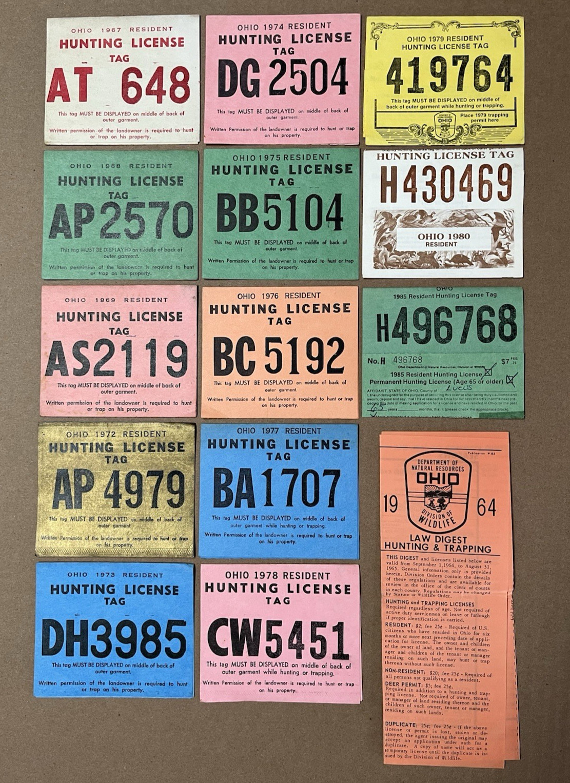 Vintage Lot of 36 Ohio Hunting License Tags & 1964 Regulations Publication