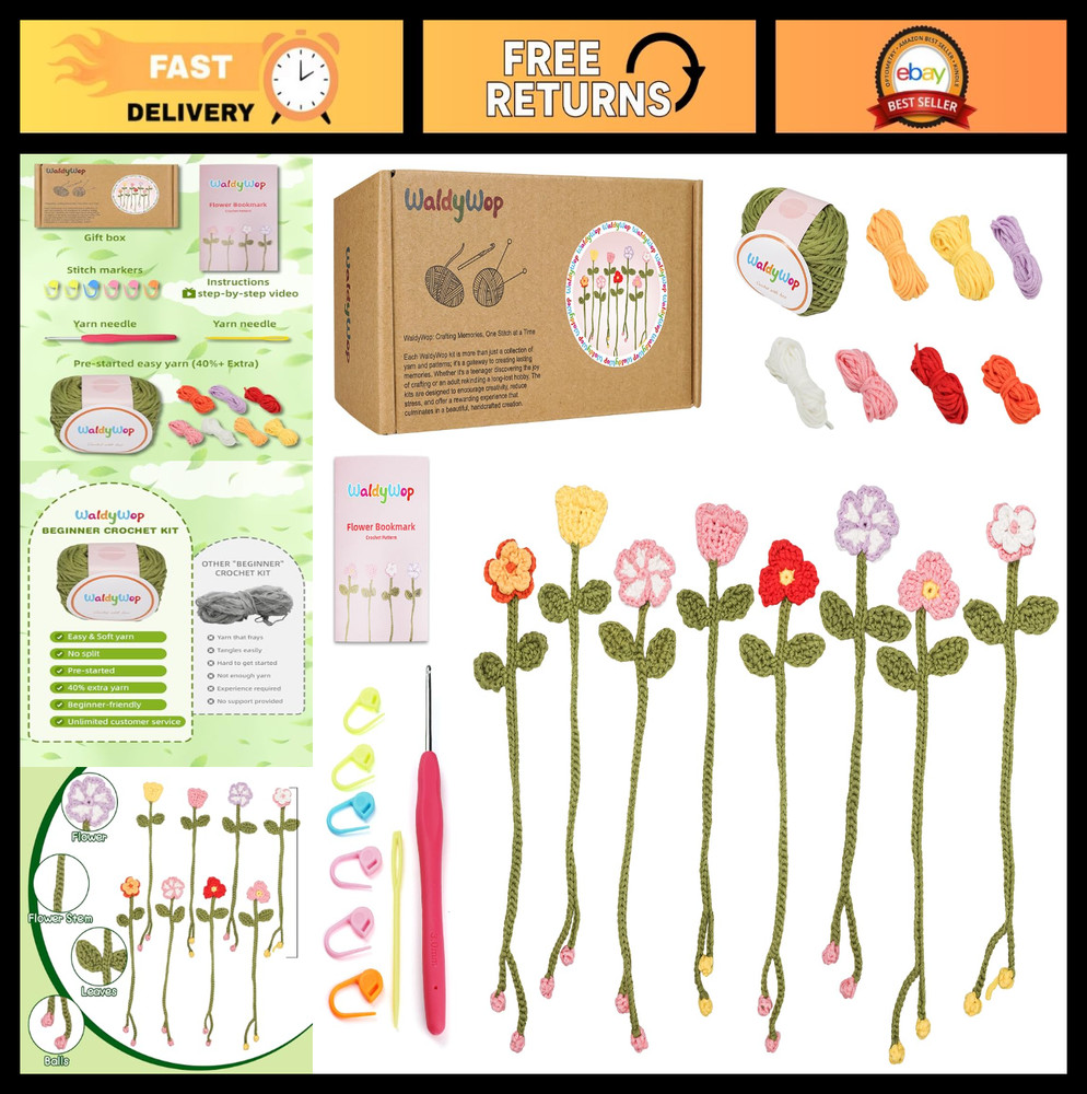 Crochet Kit for Beginners - 8 Flower Bookmarks, Video Tutorials, Soft Yarn & Hoo