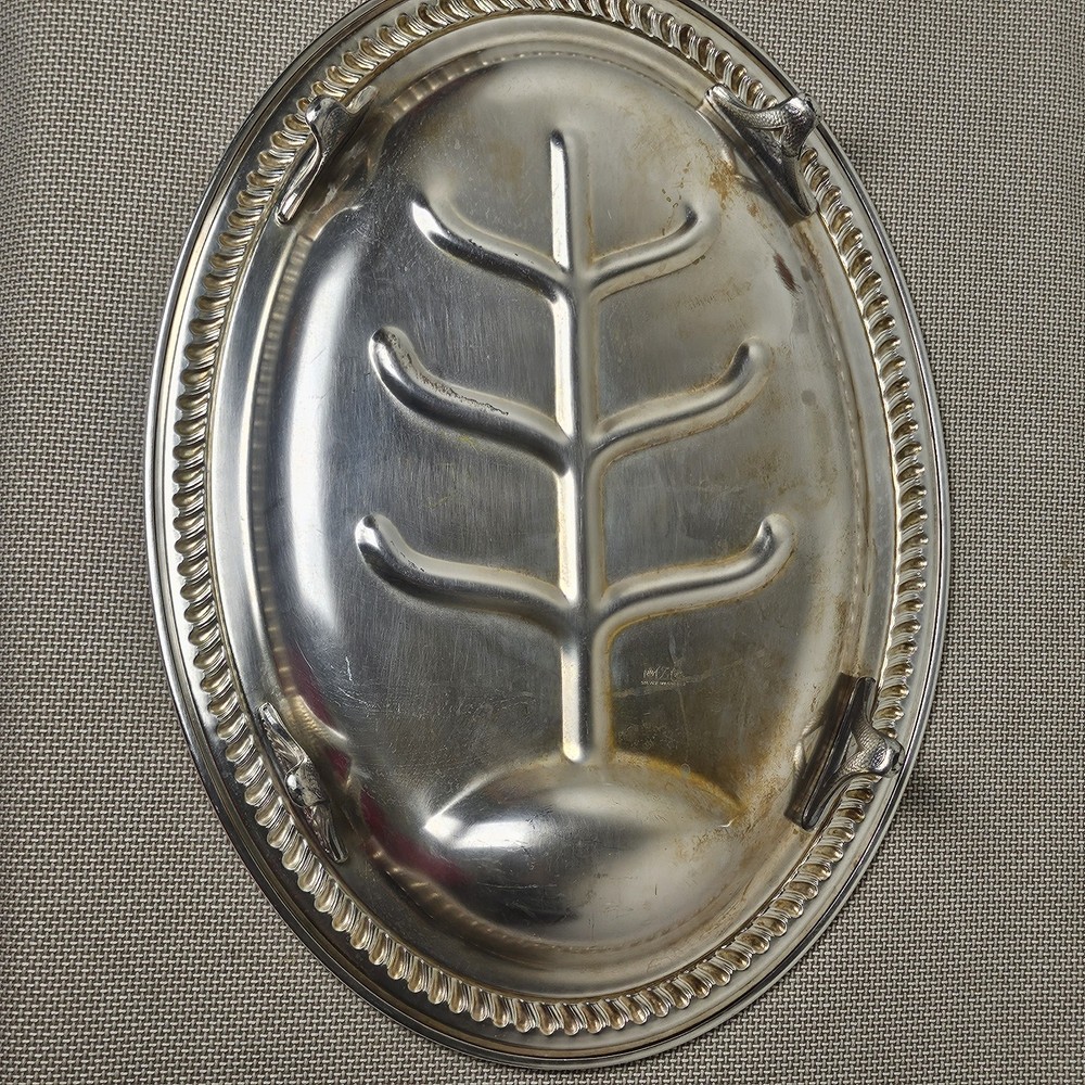 Silver Plate Meat Serving Tray Tree Design Ornate Edge 16" x 11"