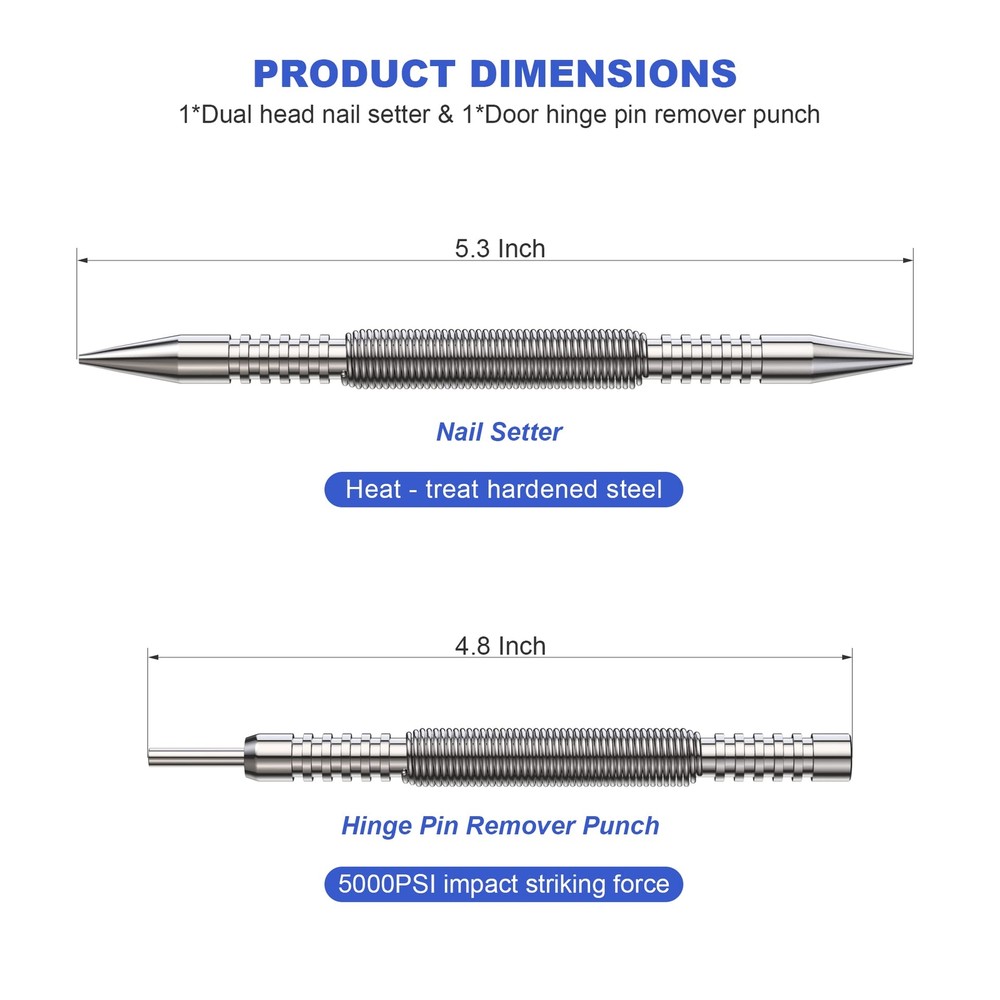 Spring Loaded Nail Set Tools,2-Pcs Dual Head Nail Setter and Hinge Pin