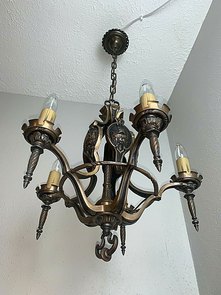 1930's HIGH QUALITY 5 LIGHT SOLID BRONZE MARITIME CHANDELIER