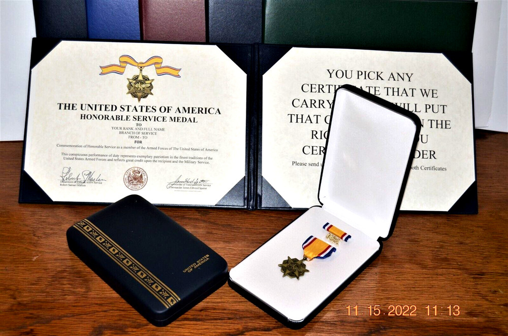 Honorable Service Medal  and Certificate in Case with Certificate Folder