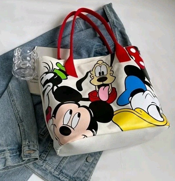 Disney Tote Bag With Zipper-Mickey,Pluto,Donald Goofy,Minnie-Canvas Red