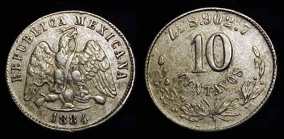 MEXICO 1884 ZsS 10 Centavos VF+