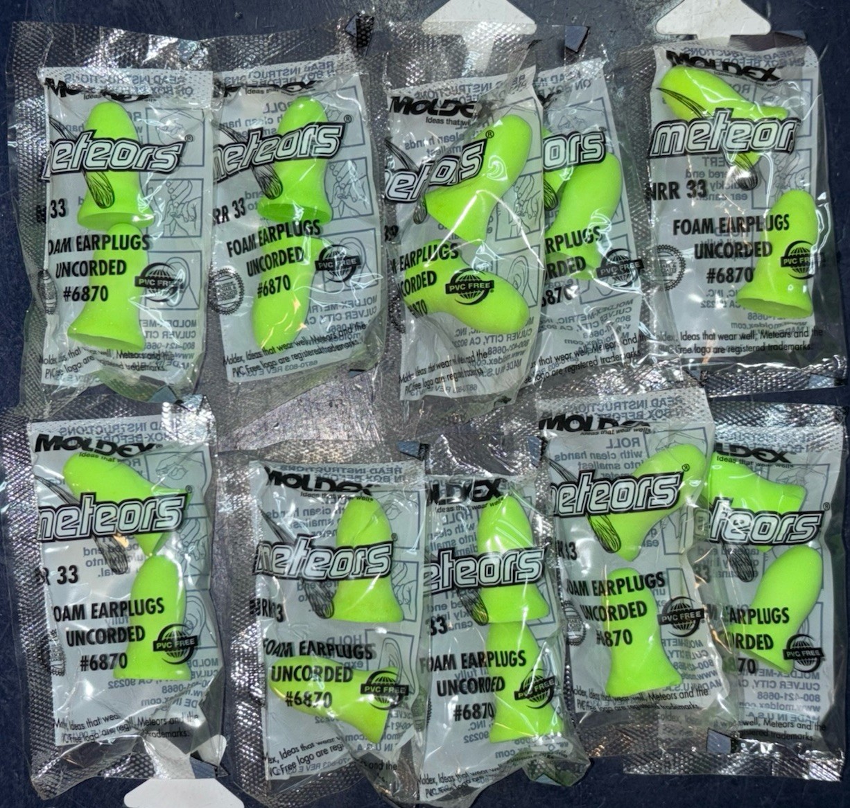 10 Pair Travel Airplane Safe MOLDEX 6870 Meteors NRR 33db  Earplugs  UNCORDED