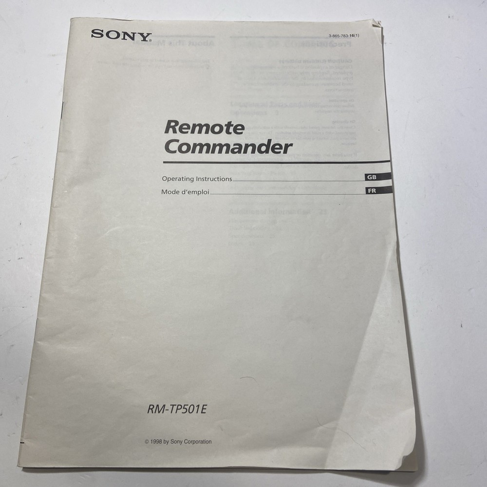 Original Sony Remote Commander RM-TP501E Instructions Manual