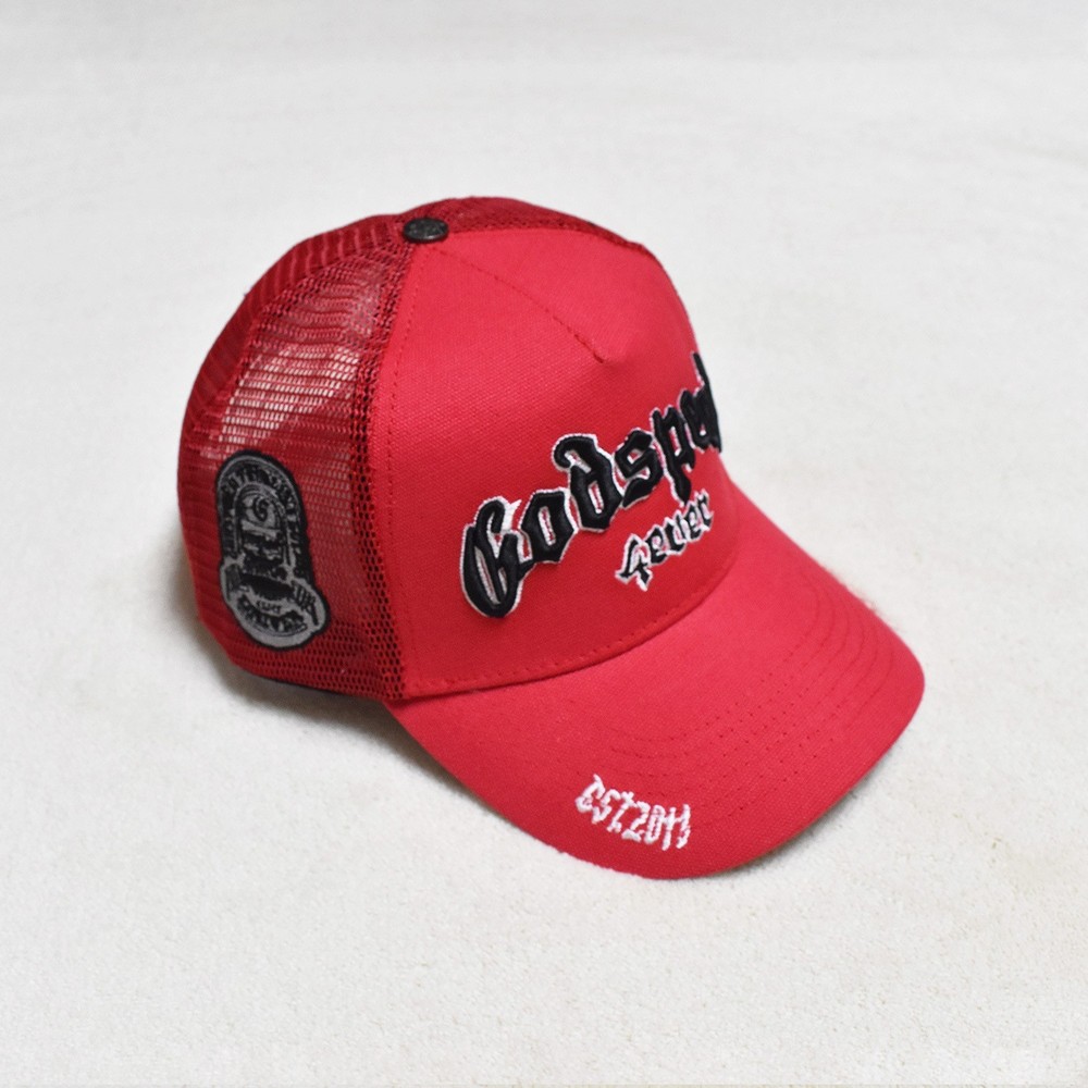 Godspeed 4ever Embroidered Trucker Cap - Red Mesh Back Gothic Type Snapback Hat