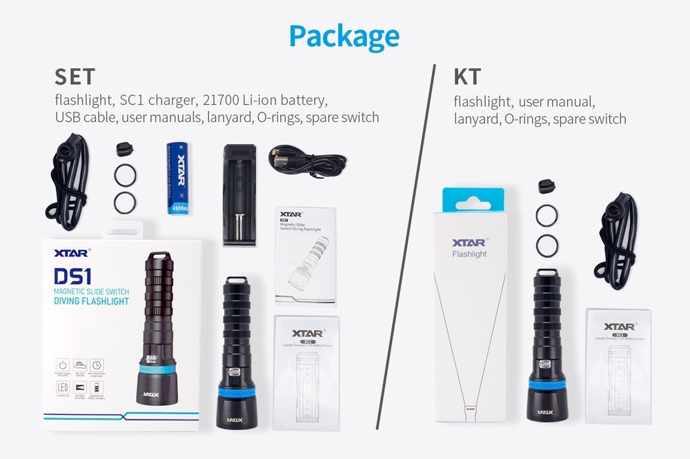 XTAR DS1 1000 Lumen Diving Flashlight FULL SET + EXTRA BATTERY + SILICON GREASE