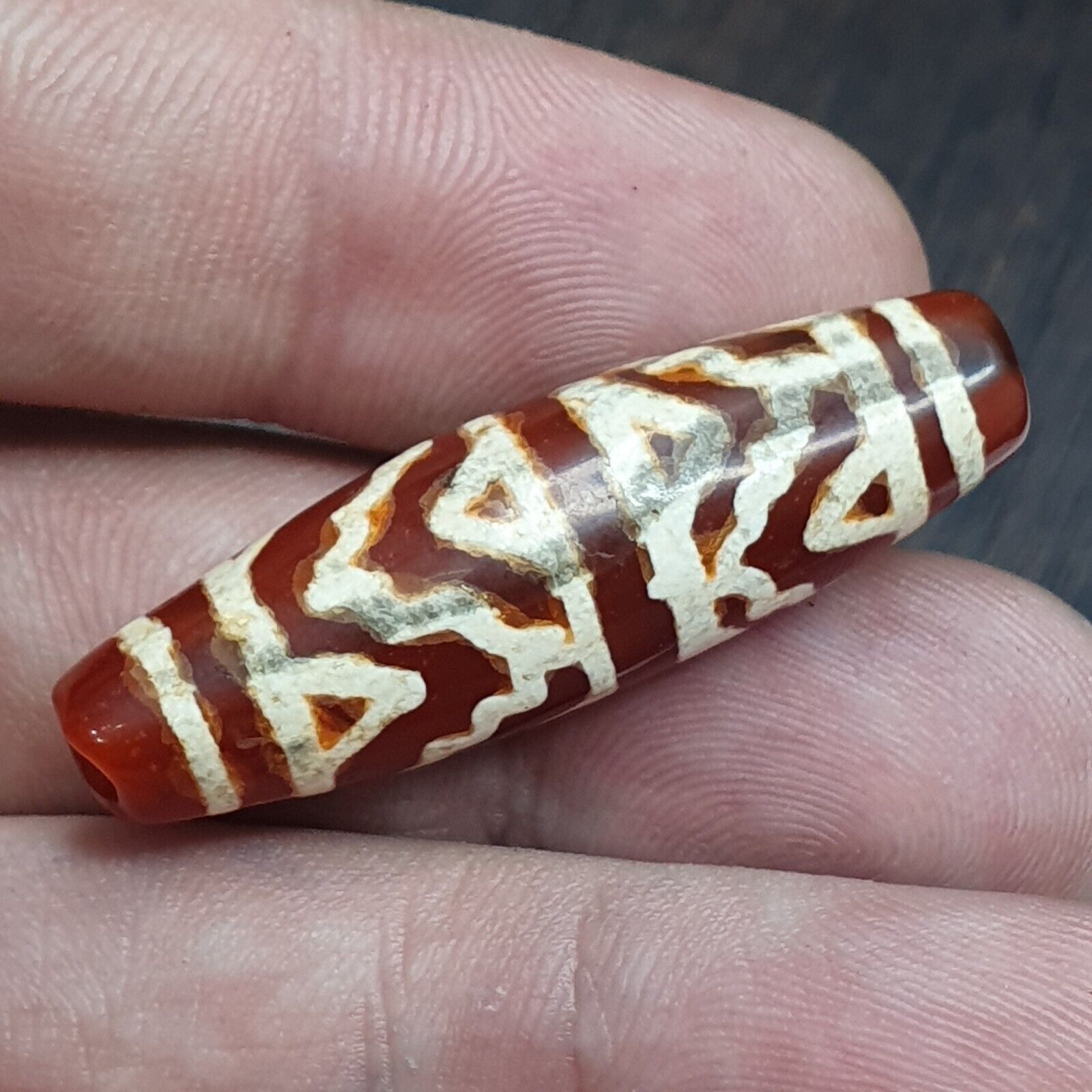 Antique Tibetan Nepalese RED Etched Agate Bead Decorated Carnelian Beads ETC-2