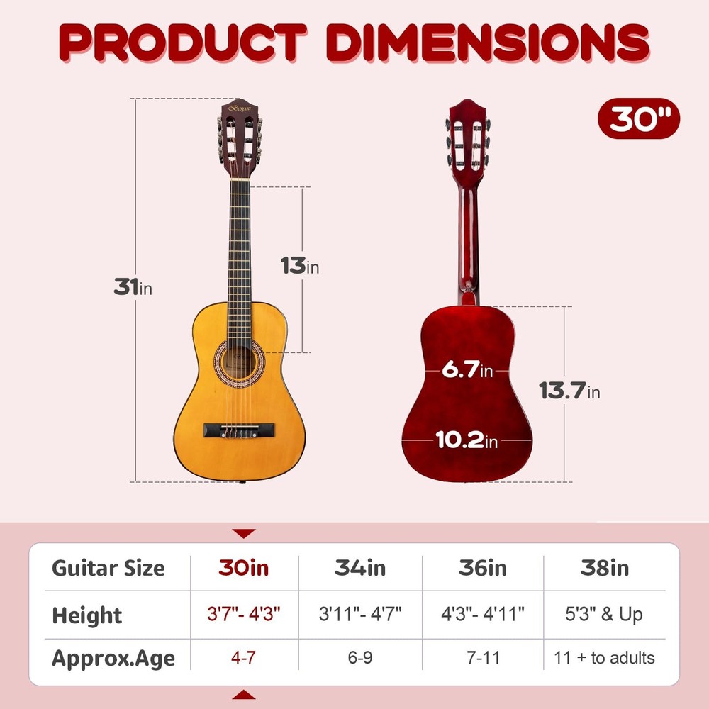 30in Beginner Acoustic Guitar Basic Starter Kit Tuner Capo Strings Winders St...