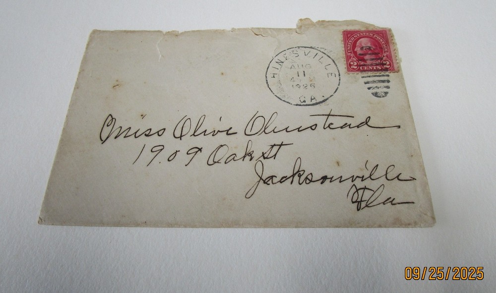 WASHINGTON 2 CENT STAMP ENVELOPE  POSTMARKED  1925 AUG 11 STAMP EPHEMERA