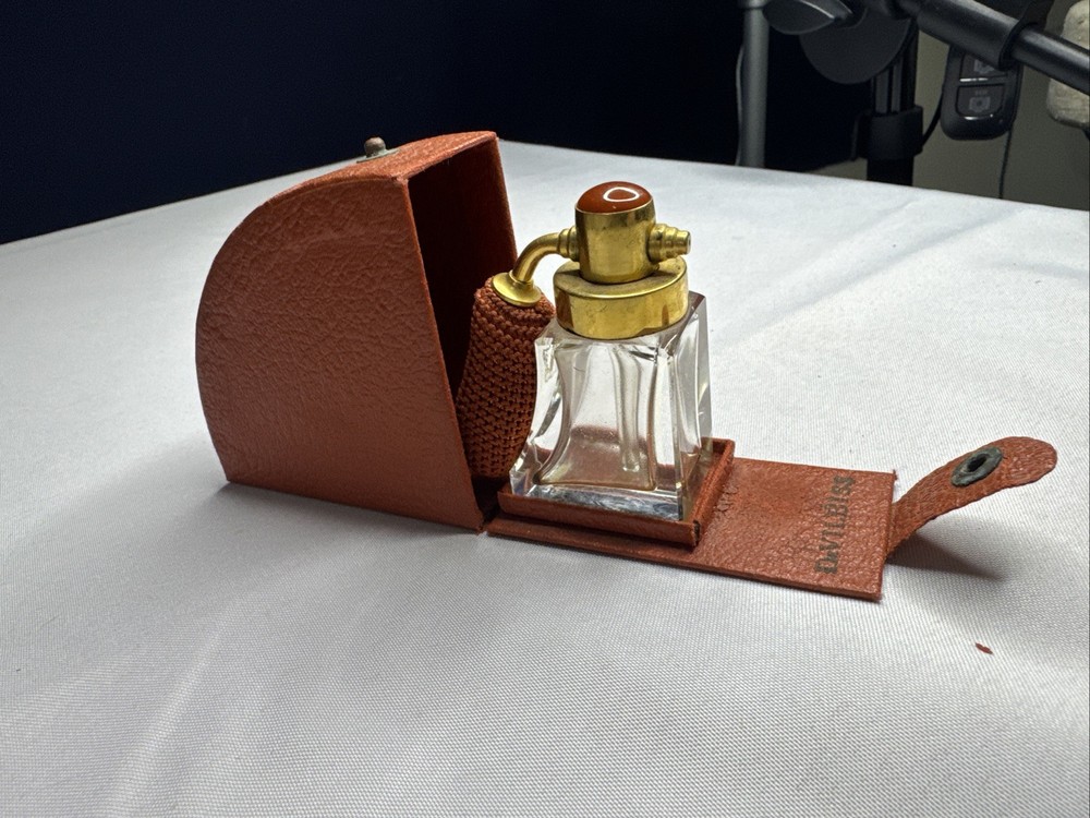DeVilbiss Travel Perfume Bottle Atomizer Leather Case Art Deco