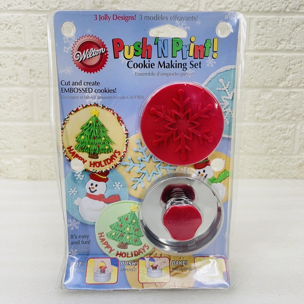 Wilton Push 'N Print Embossed Cookie Making Set Christmas Tree Snowman Snowflake