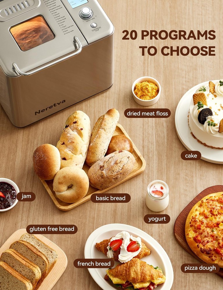Bread Maker, 20-IN-1 2LB Bread Machine Dual Heater Bread Maker Machine Automatic