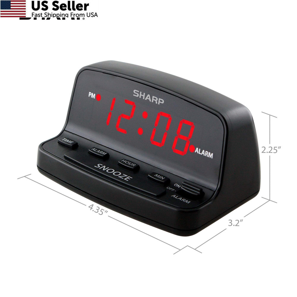 Sharp Digital Alarm Clock Keyboard Controls Red LED Display Battery Backup Black