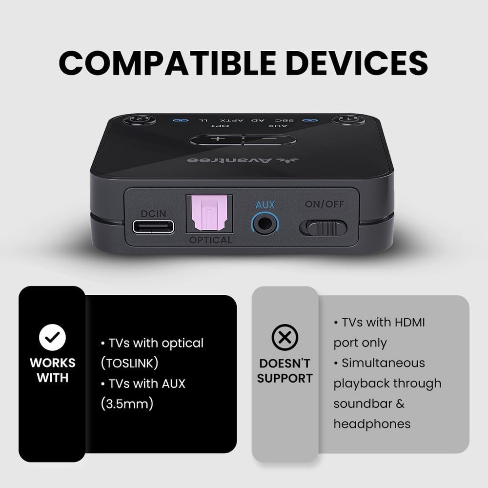 Audikast plus – Bluetooth Audio Transmitter for TV with Optical & AUX Audio Out,
