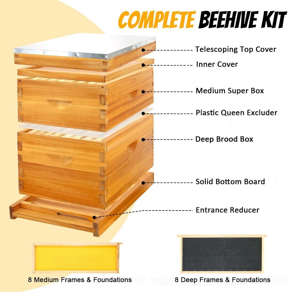 8-Frame Beehive Complete Bee Hive Boxes Starter Kit Dipped in Beeswax Include...