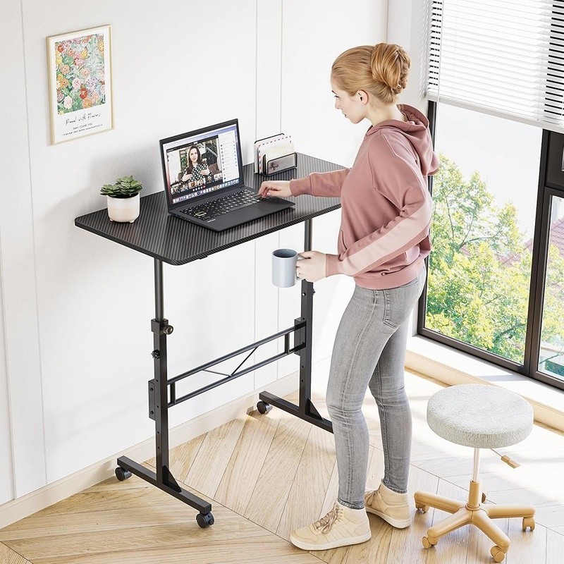 Adjustable Standing Desk Lockable Rolling Compact Desk W/ Carbon Fiber Surface