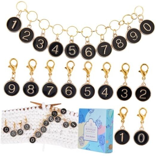 11Pcs Number 0~9 Stitch Markers Charms Black Knitting Row Counter Chains