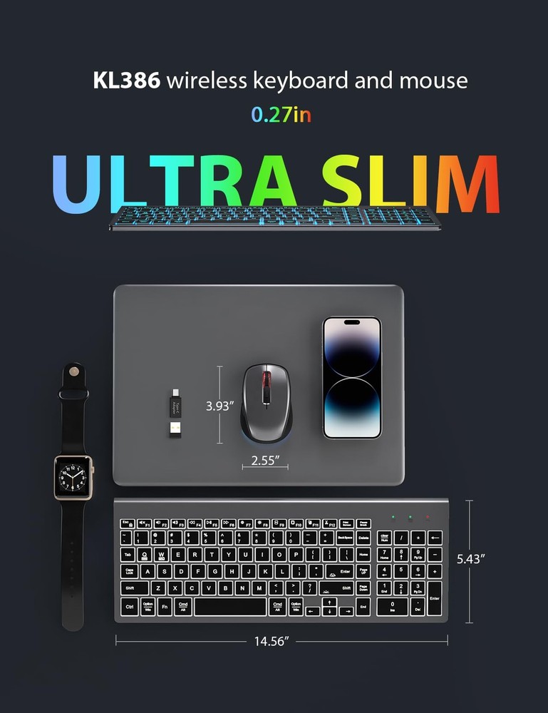 Wireless Keyboard Mouse Combo Backlit Compact Quiet Rechargeable Space Gray