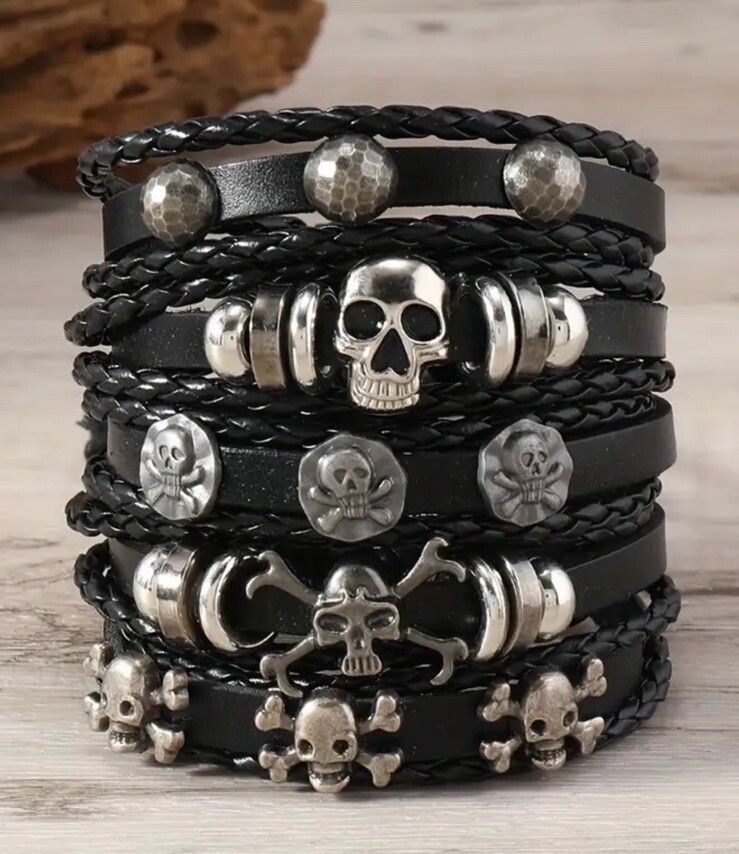 5 PC Leather Punk Bracelet Stackable Adjustable Tie New Free Ship B2665
