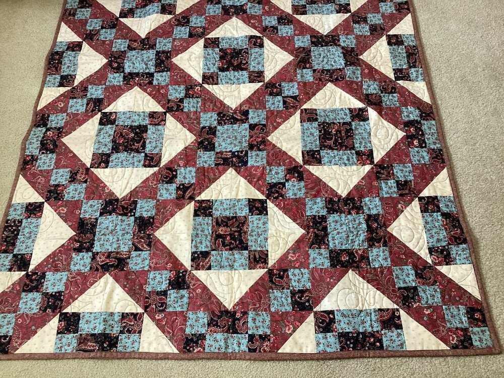 Hand/Machine Quilted MultiColored Floral Patchwork Lap Quilt 47” Square