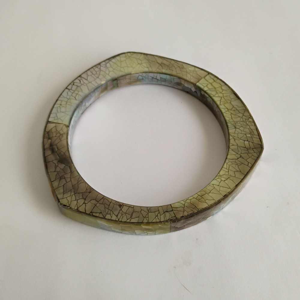 Vintage Modernist Crackle Abalone Shell Triangular Bangle Bracelet