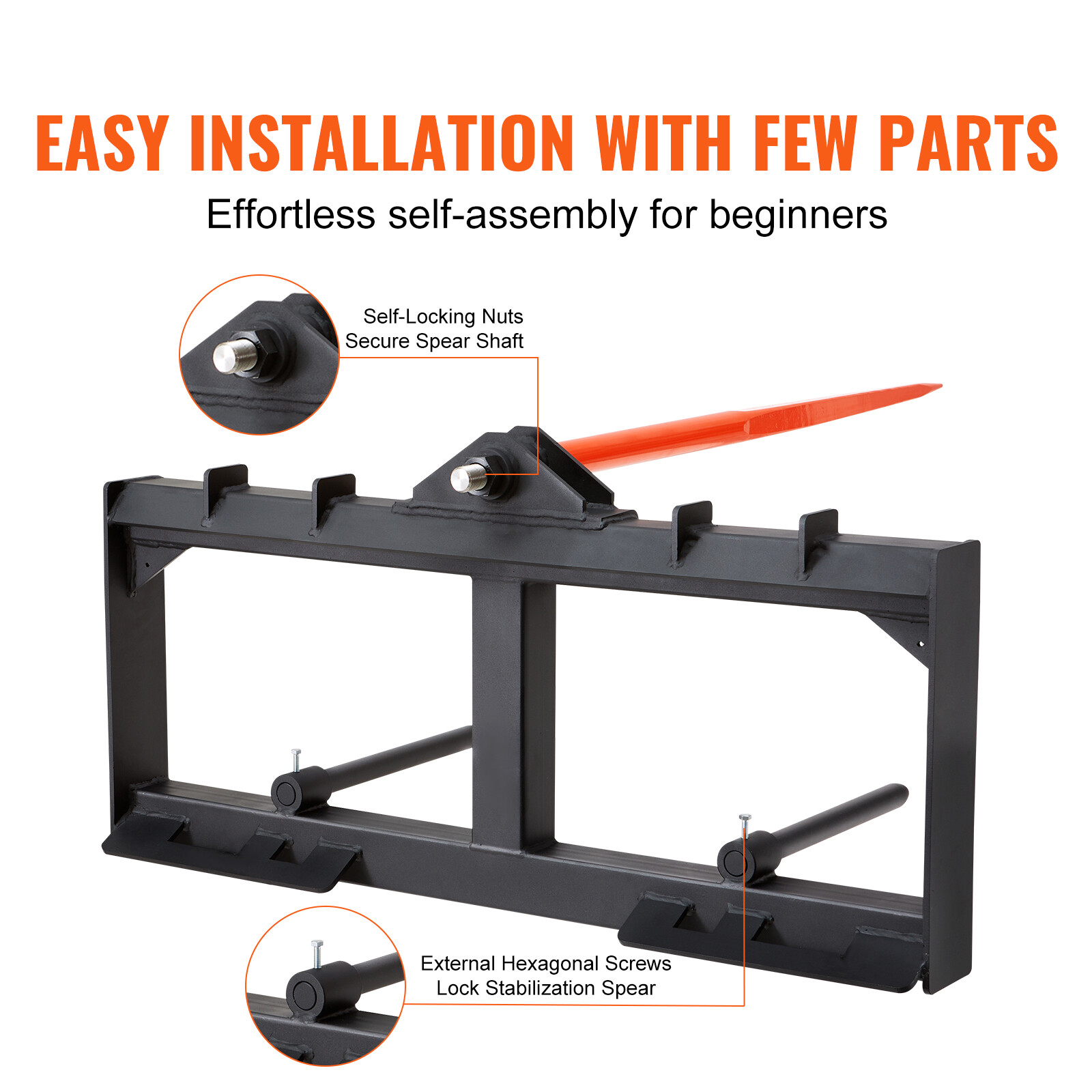 VEVOR 49" Hay Spear Bale Spears Skid Steer Loader Tractor Attachment 1600lbs