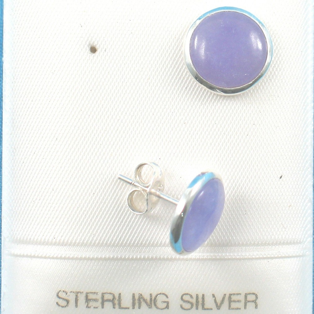 Solid Sterling Silver 925 Lavender Jade Dome Tablet Stud Earrings