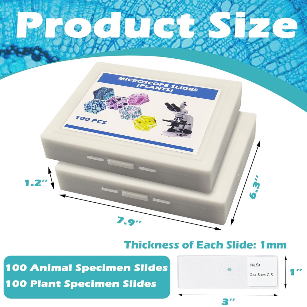 200 Packs Microscope Slides, 100 Plants & 100 Animal Tissues Includes Labels and