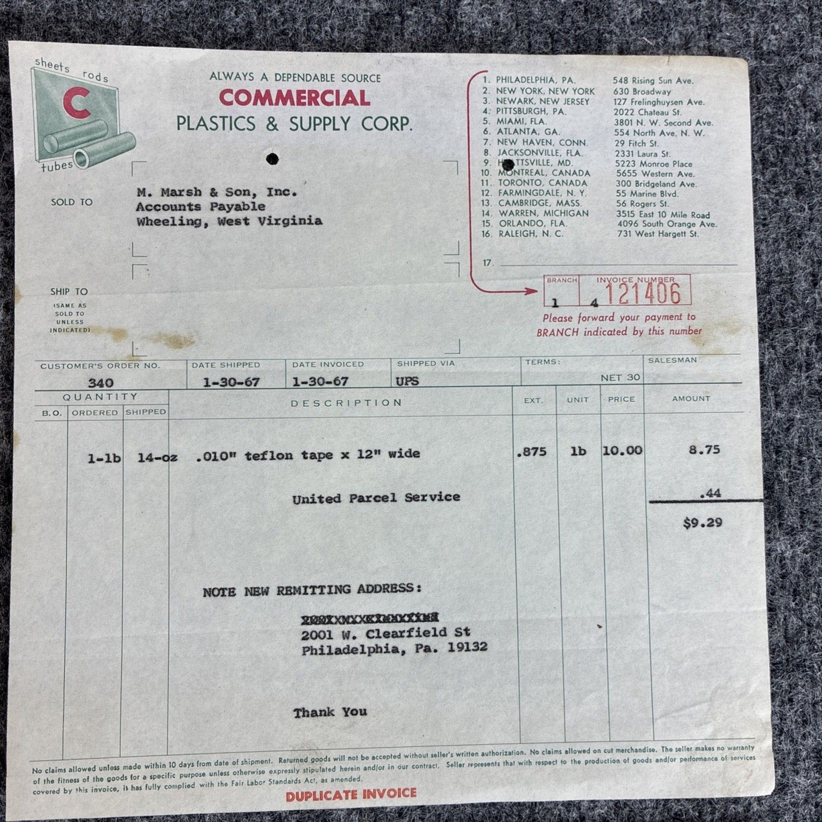 1955 & 1967 Commercial Plastics Invoices to M Marsh & Son Cigar Co Wheeling WV