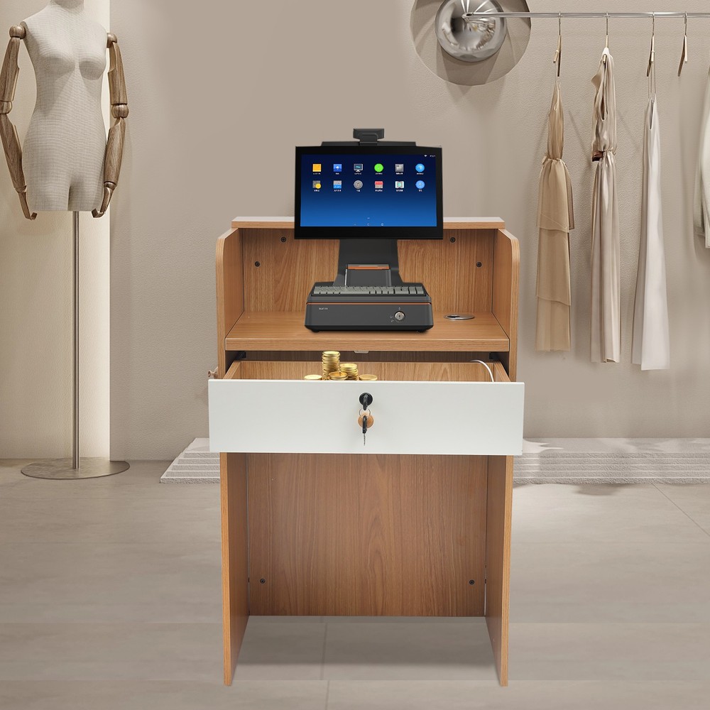 Reception Desk with LED Light Checkout Counter Table w/ Storage Drawer Store Use