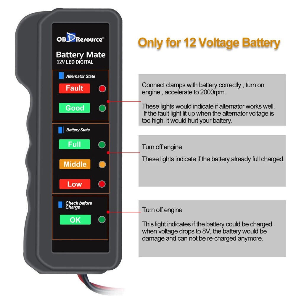 12V Battery Load Tester Check Car Motocycle Alternator Analyzer Diagnostic Tool