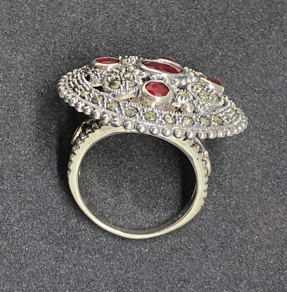 Beautiful 925 Silver Ruby-Marcasite Ring Size 9 W 13.2 Gr.