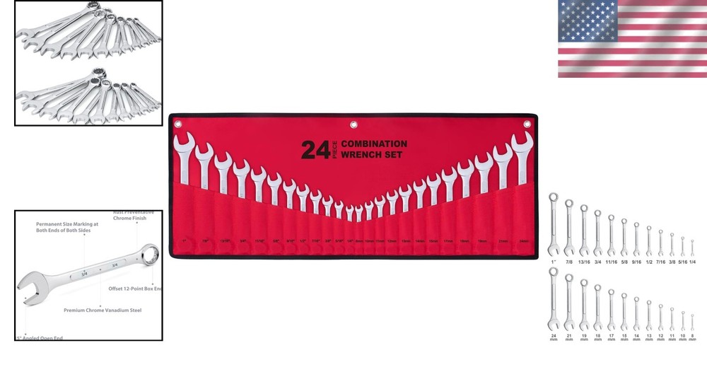 Roadside Emergency Ready: 24-Piece Wrench Set | Chrome Vanadium & Roll-Up Pouch