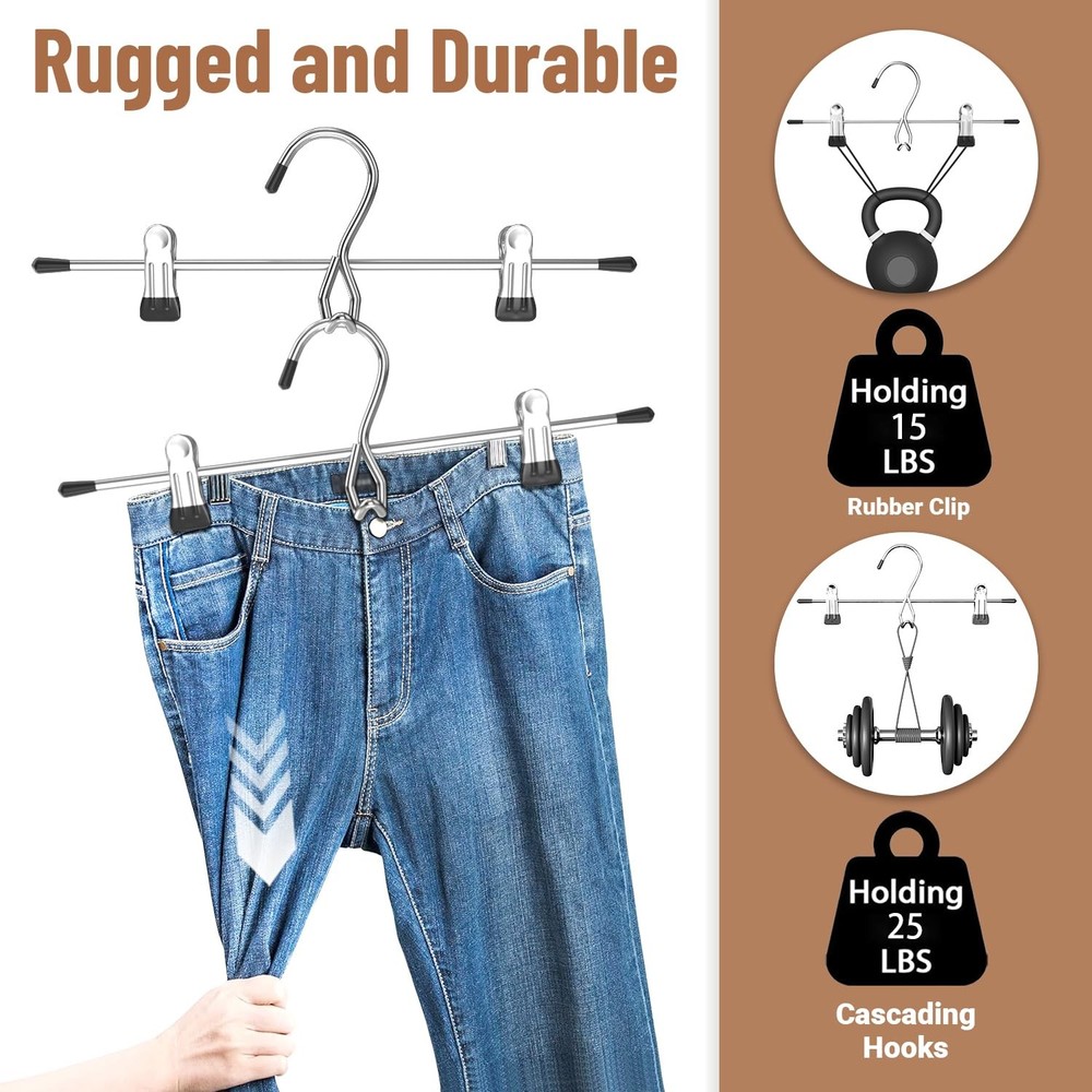 Pants Hangers Space Saving,Stackable Skirt with Clips, 8pack, Sliver