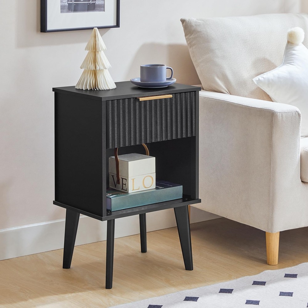 End Table, Fluted Night Stand, Modern Side Table, Small Bedside Table with 1 ...