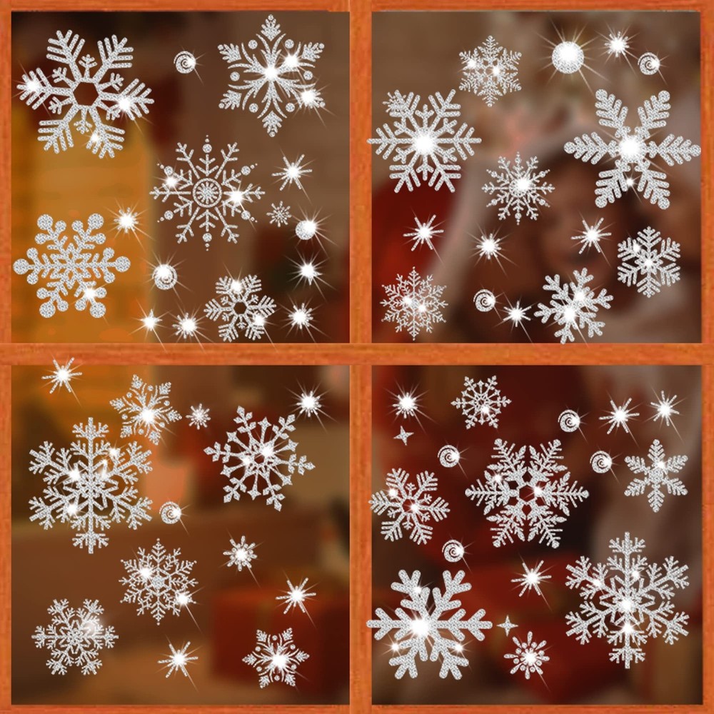 Glitter Snowflake Window Clings, 147PCS Silver Sparkling Christmas Window Cli...
