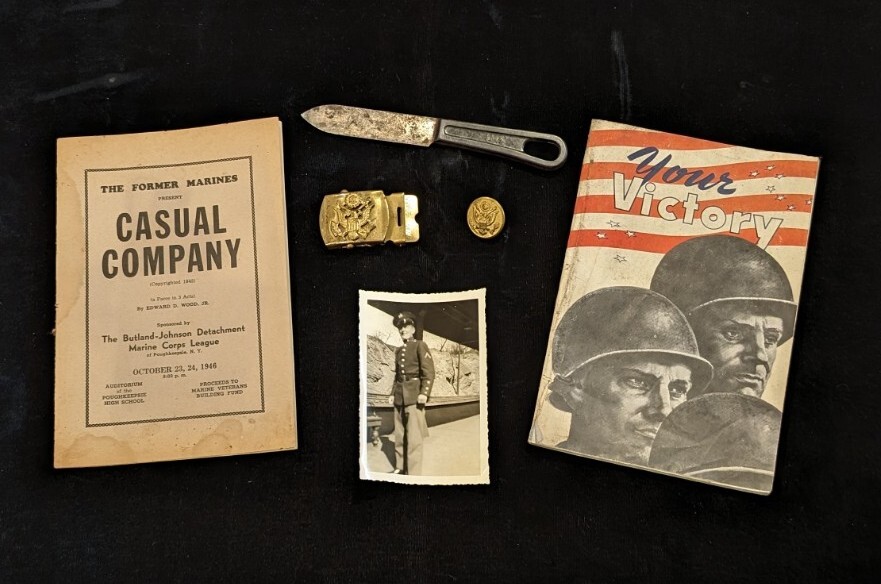 WWII US Army Brass Eagle Buckle, Button, MIDPAC Booklet & Mess Kit Knife