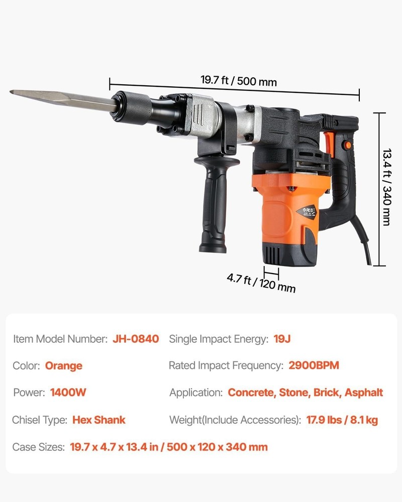 Efficient 1400W Electric Jack Hammer - 2900 BPM, Lightweight & Versatile