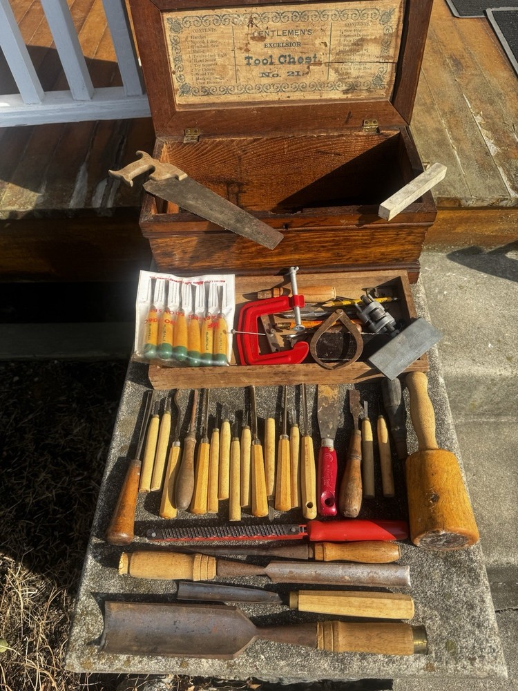 Vintage Wood Tool Chest No.21 w/ Chisels Gouges Mallet Set Rustic Carpenter Kit