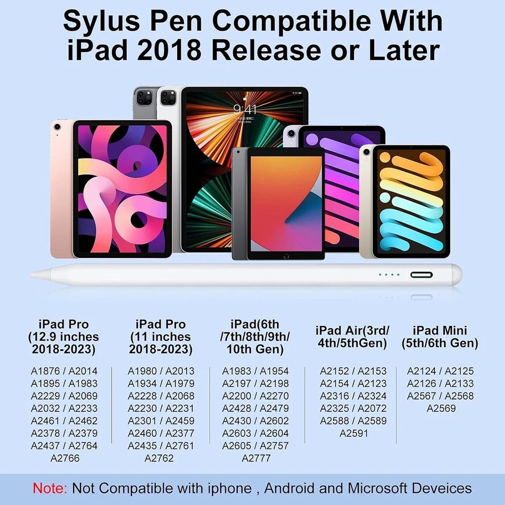 Stylus Pen with Battery Indicator – for iPad & iPhone (2018–2025) White
