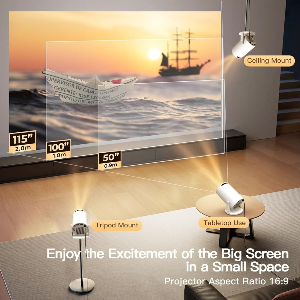 Mini Projector WiFi 6 Bluetooth 5.4 Android 14 1080P 4K Support Portable