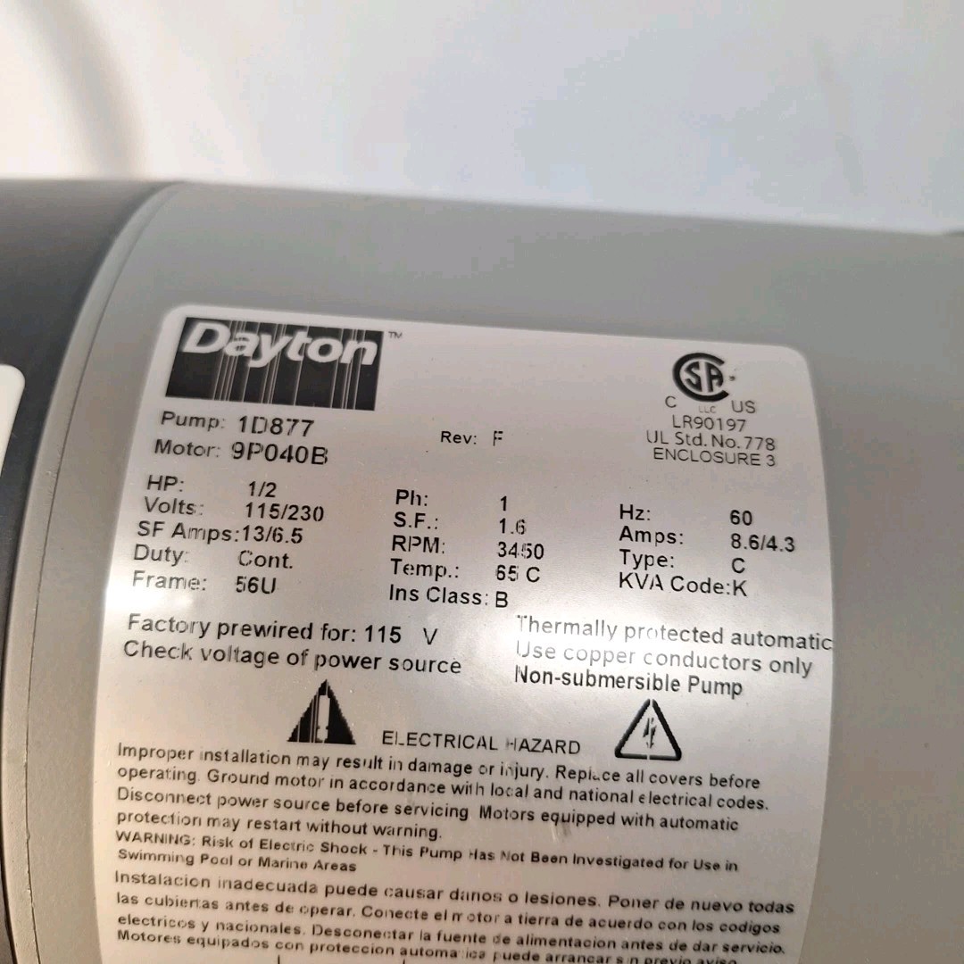 Dayton 1D877 Convertible Well Jet Pump 1/2 HP 1.25" Inlet 0.75" Discharge