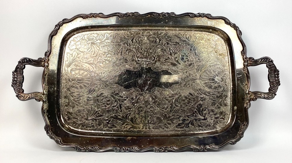 Large Vintage Footed Double Handle Silver Plated Serving Tray