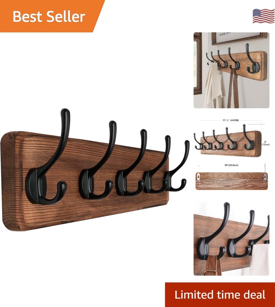 Rustic Wall Mounted Coat Rack - 5 Hooks, Pine Wood with Distressed Finish